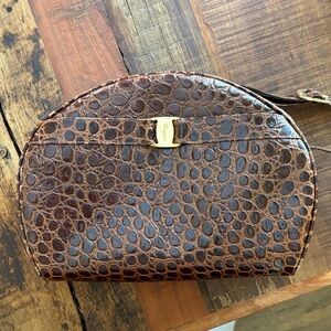 Salvatore Ferragamo Brown Croc-Embossed Crossbody Bag with Gold Hardware